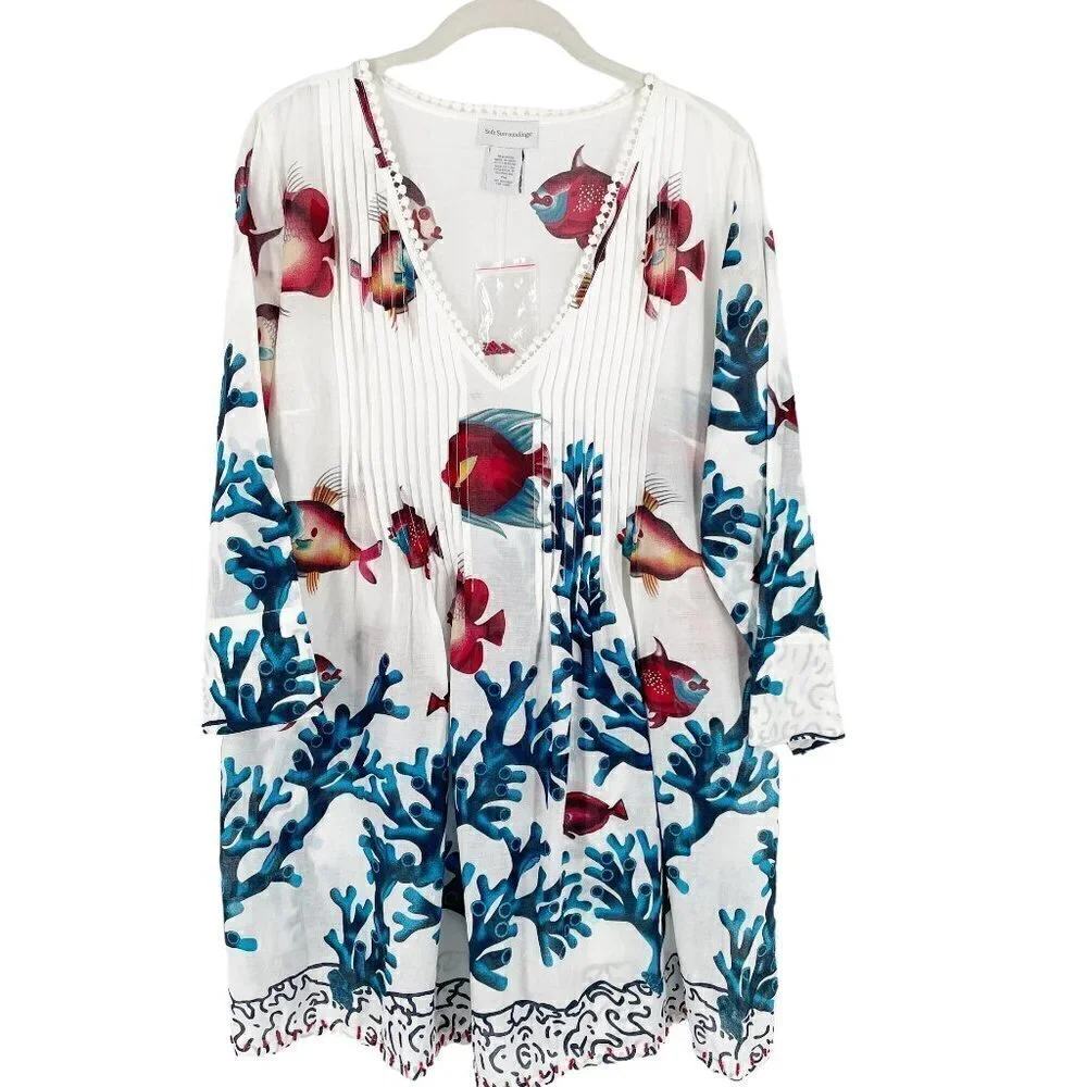Soft Surroundings Seychelles Bead Trim White Fish and Coral Print Tunic PM - Picture 3 of 8